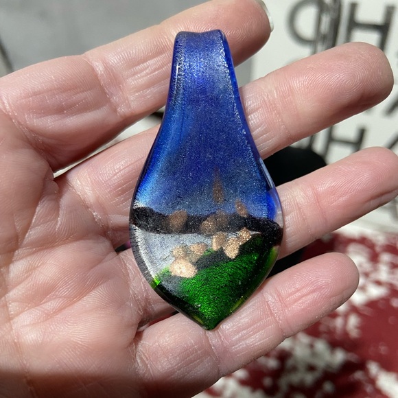 Art Glass Pendant.  Blue, Green, Black, Silverr Tone and Copper Tone - Picture 5 of 5